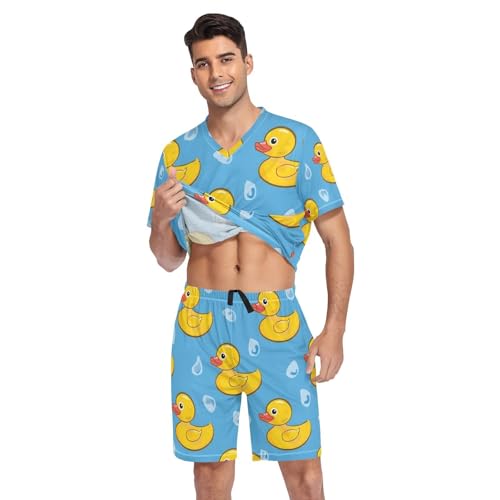 Men's Pajama Set Yellow Ducks Blue Background Short Sleeve with Shorts Pockets Sleepwear Set Summer Loungewear3