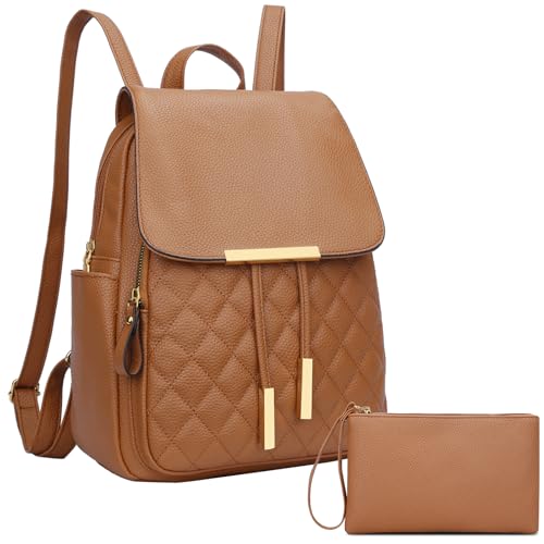 Image of KKXIU Quilted Trendy Leather Backpack Purse for Women and Ladies Shoulder Travel Daypacks Bags with Wristlets (Y-Brown)