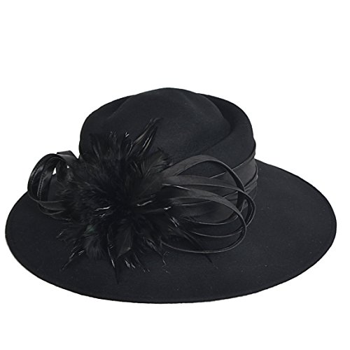 FORBUSITE Women Wool Plume Kentucky Derby Church Dress Wide Brim Hat (Black)