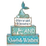 Burbell 4 Pcs Summer Wooden Tiered Tray Decor Farmhouse Rustic Table Decor Books Stack Block Signs for Table & Home Office Decorations(Mermaid Style)