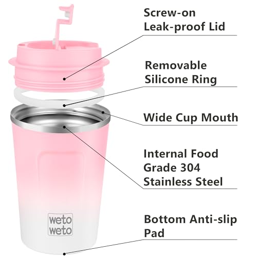 Image of WETOWETO 12 oz Stainless Steel Insulated Tumbler, Travel Coffee Mug, Insulated Coffee Mug with Lid, Spill Proof Coffee Cup, Portable Thermal Mug, Reusable Cup for Hot and Cold (Pink-White)