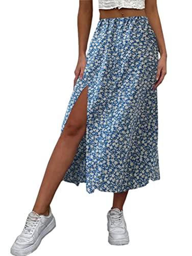 Avanova Women's High Waist Ditsy Floral Split Thigh Summer Boho A Line Midi Skirt Blue Medium
