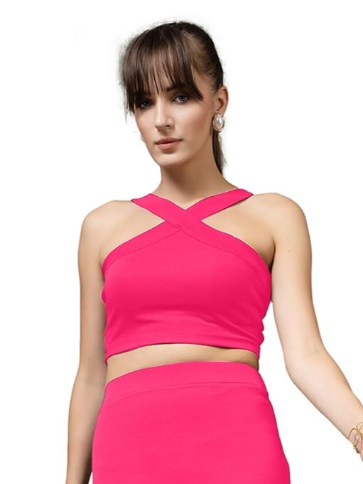 Image of OOMPH! Women Stretchable Relaxed Fit Crop Top With Stylised Shoulder Straps
