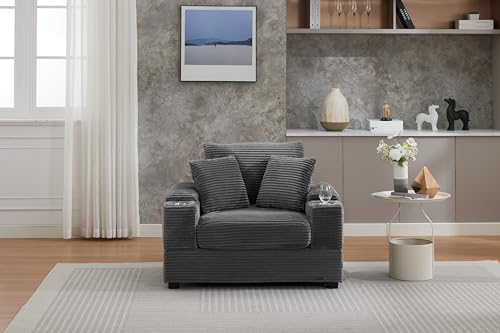 Image of 50 inch Corduroy Upholstered Chaise Lounge Chair Indoor, Modern Lazy Sofa with Storage Armrest, Sleeper Couch with Cup Holders for Living Room, Grey