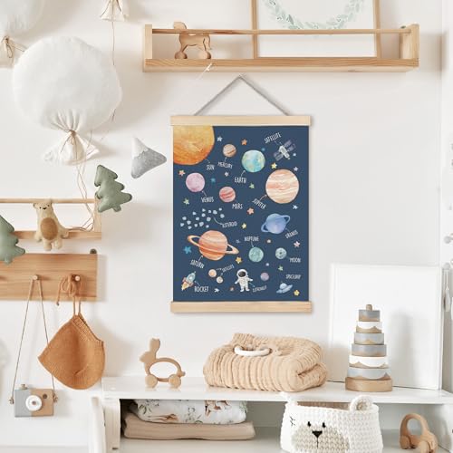 Image of PQKIY Space Nursery Wall Art Poster Hanger Frame 12x16 in, Watercolor Outer Space Solar System Planet Wall Decor Canvas Prints for Nursery Boys Kids Room Bedroom Playroom Classroom
