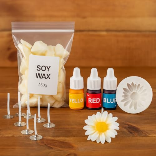 Image of Candle Making Kit | Daisy Flower Candle Molds (6.5x6.5x2 cm) with 250g Soy Wax, 10 Wicks & 3 Pigment Colors | DIY Candle Making Supplies Set