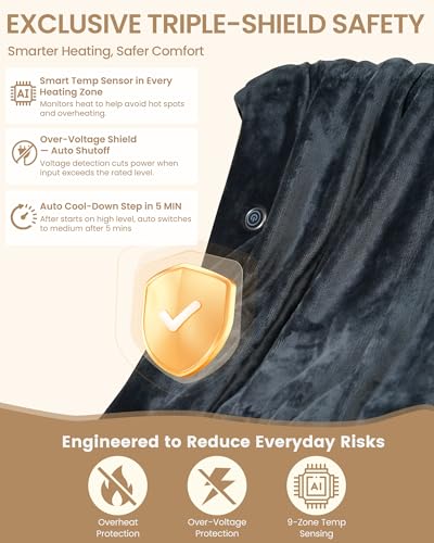 Cordless Heated Blanket with Hood, Rechargeable Wearable Heated Blanket Battery Powered with Strong Battery, 9 Heating Zones, 3 Levels, Portable Heated Throw Blanket, Camping (Midnight Flannel)