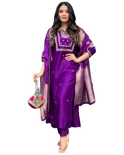 GoSriKi Women's Silk Blend Straight Embroidered Kurta with Pant &...