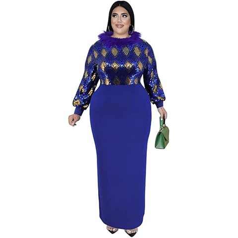 MRSFITOK Women's Plus Size Bodycon Maxi Dress - Elegant Long Sleeve Solid Sexy Sequin Dresses for Women Evening Party Blue 5XL Cover