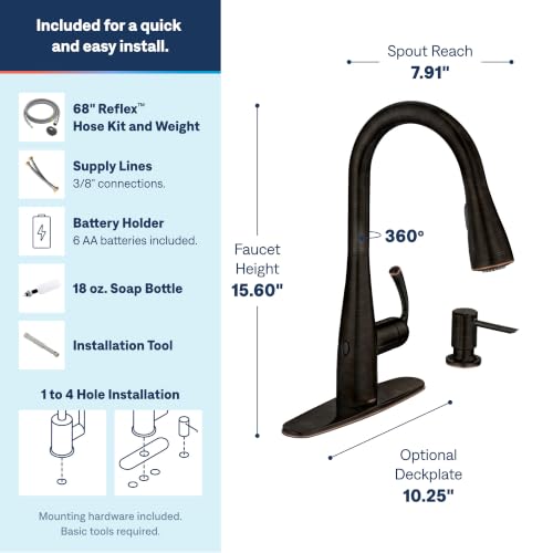 Image of Moen Essie Mediterranean Bronze MotionSense Wave One-Handle Touchless Kitchen Faucet with Pulldown Sprayer and Soap Dispenser, 87014EWBRB