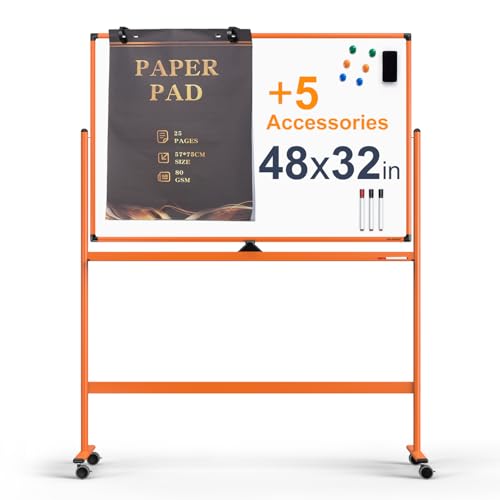 Image of Large Dry-Erase Rolling Magnetic Whiteboard - 48 x 32 Inches Dry Erase Board with Stand Height Adjust Double Sides Mobile White Board Easel on Wheels with 25 Sheets Paper Pad Office, Home & Classroom