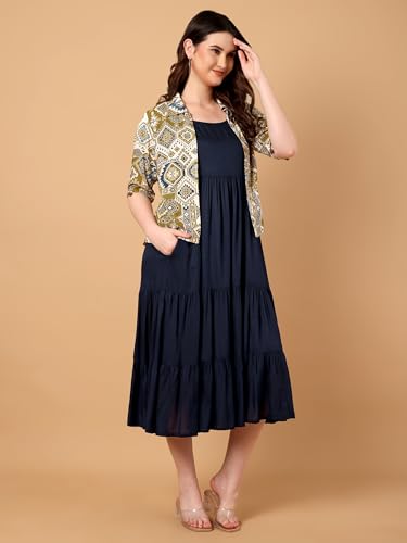 Image of Azira Women Rayon Solid Fit & Flared Dress with Printed Jacket | Perfect for Casual outings, Parties Rayon Fabric|