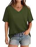 Womens Tshirts Short Sleeve V Neck Oversized Shirts Summer Casual Tops Plus Army Green 3XL