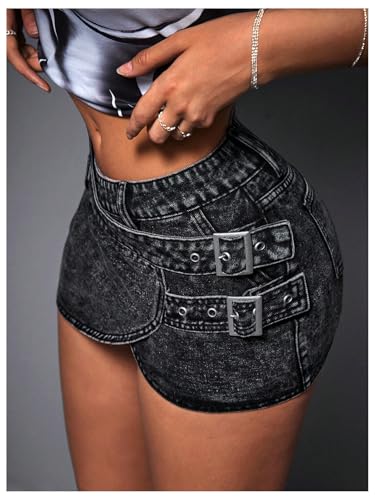 Floerns Women's Buckle Denim Skirt Low Waist Wrap Grommet Eyelet Y2k Mini Skirt4