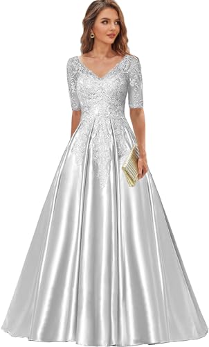 Satin Mother of The Bride Dresses with Sleeves Lace Appliques Long Formal Dress for Women Wedding Guest