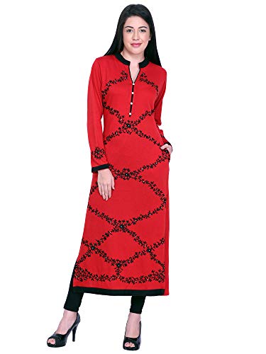 Image of Rosary Women's Winter Woolen Kurti Jacquard Straight Fit Ethnic Wear with 2 Side Pockets