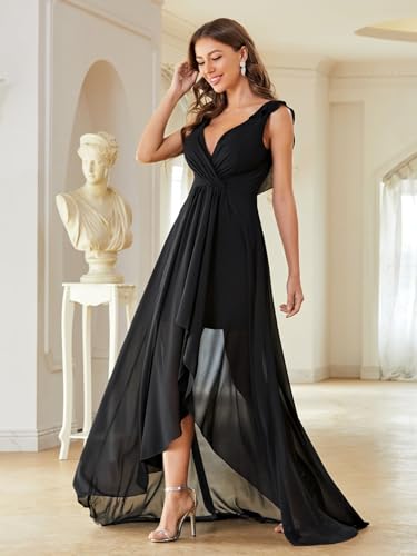 Women's Elegant V Neck Pleat Sleeveless Chiffon Ruffled Straps High-Low Hem Party Maxi Formal Dress3