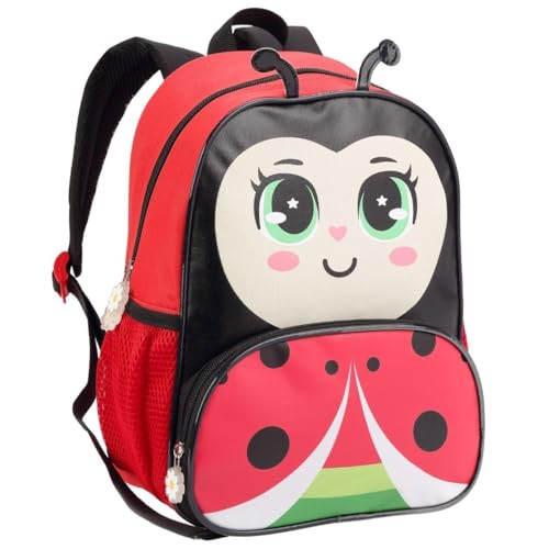 Mochila de Costas Pré Escolar Passeio Infantil, com Alças Acolchoadas, Bolsos Laterais, Design Divertido, P/Criança, Material Resistente (Joaninha - Vermelha)