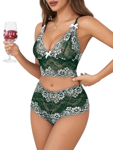 Image of Lilosy Sexy Lingerie for Women Lace Pajamas Set Cami Bra and Panty High Waist Sheer Sleepwear 2 Piece 2XS-6XL