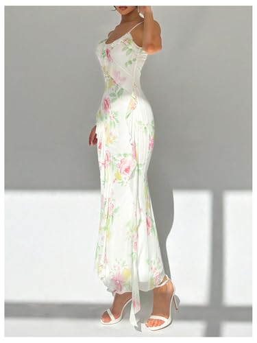 Milumia Women's Floral Mesh Ruffle Cami Dress Sexy Spaghetti Strap Bodycon Maxi Dresses2