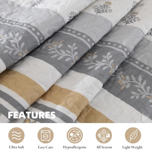 Bedduvit 100% Cotton 120"x120" Oversized King Bedspread - Farmhouse Rustic Floral Striped Patchwork Extra Wide King Quilt Set, Lightweight Reversible Bedspreads for All Season, 3pcs, Yellow/Gray/White - image 6