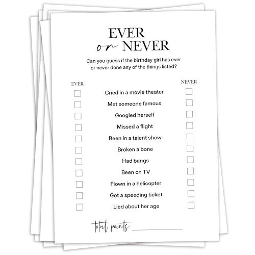 Birthday Party Games, Ever or Never, 25 Pcs Card Set for Guests, Fun Birthday Game for Teen Adults – A03