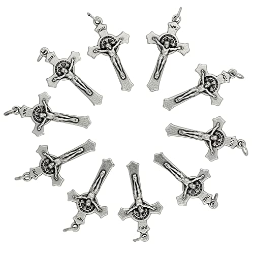 VILLAGE GIFT IMPORTERS Lot of 10 (Ten) Saint Benedict Crucifix Pendants | For Rosaries and Religious Jewelry | Catholic DIY and Craft Supplies | Made in Italy