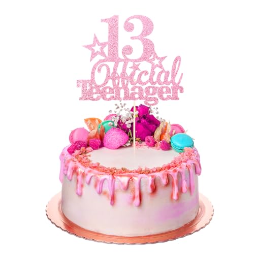 Tyqour Decoración para tarta de 13 cumpleaños, color rosa, oficial, adolescente, 13 cumpleaños, decoración para cupcakes, color rosa, con cartón, purpurina para 13 cumpleaños, decoración para tartas