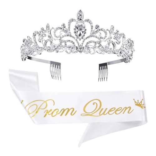 2Pcs Prom Queen Sash and Tiara Set Tiara Crystal Rhinestones Bridal Crowns for women Silver Crown with Comb for Little Girls Birthday and Wedding School Graduate Party AccessoriesA Silver