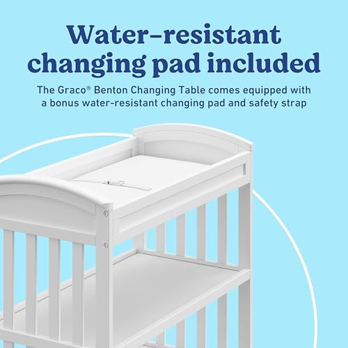 Image of Graco Benton Changing Table with Bonus Water-Resistant Changing Pad (White) - GREENGUARD Gold Certified, Includes Diaper Change Pad with Safety Strap, 2 Open Storage Shelves for Organizing