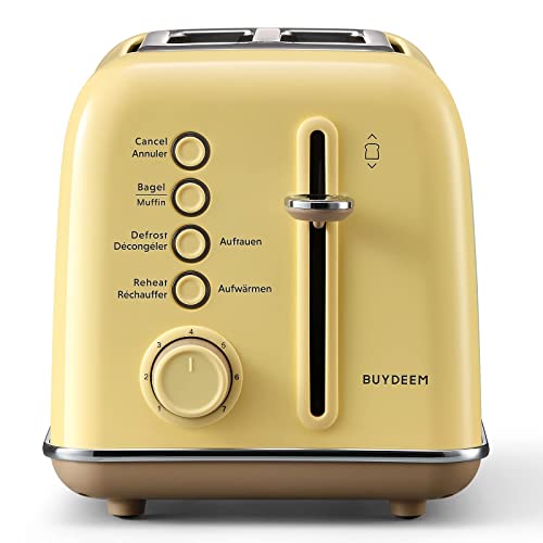BUYDEEM DT620E Toaster 2 Scheiben, Toaster Edelstahl Vintage mit 7 Bräunungsstufen, Aufwärm und Auftaufunktion, Herausnehmbare Krümelschublade (Gelb)