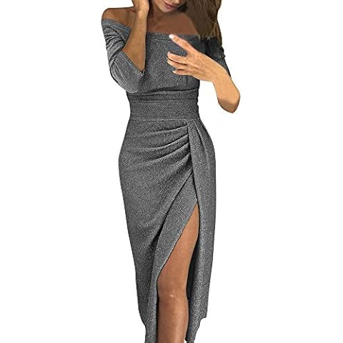Deloito Women's Sexy Long Sleeve Off Shoulder Ruched Midi Bodycon Split Wrap Dress (M) Gray Cover