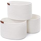 CHICVITA Woven Storage Basket for Shelves, Cotton Rope Dog Toy Bin, Empty Gift Basket with Handles, Small Laundry Baskets for Cloth Towel Shoes, White Oval Basket 3 Packs
