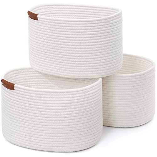 CHICVITA Woven Storage Basket for Shelves, Cotton Rope Dog Toy Bin, Empty Gift Basket with Handles, Small Laundry Baskets for Cloth Towel Shoes, White Oval Basket 3 Packs