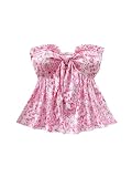 Picture of SOLY HUX Women's Floral Print Tie Front Tube Top Strapless Sleeveless Ruffle Hem Summer Bandeau Tops Pink Floral Medium