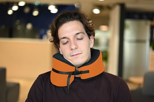 Image of C CUSHION LAB Travel Pillow, Award-Winning Patented Ergonomic Design for Chin & Neck Support Memory Foam Neck Pillow, Compact Airplane Pillow for Traveling, Flight, Car (Dynamic Orange, Large)