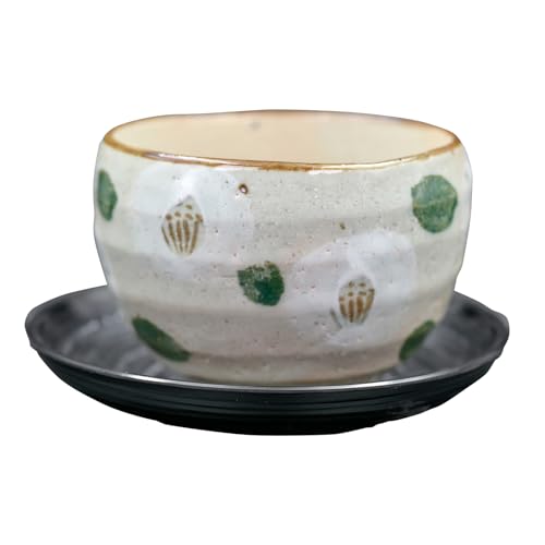 美濃焼 抹茶茶碗 湯呑み 陶器 約径9.5×高さ7cm 約250ml 電子レンジ 食洗機対応 茶托付き ゆったり碗 白椿 日本製 UM-00165