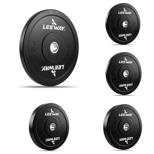 LEEWAY Bumper Weight Plates for Home Gym | 150kg Combo | Olympic 50mm Hole | Black Rubber Bumper Gym Plates for Barbell | Standard Weightlifting Equip