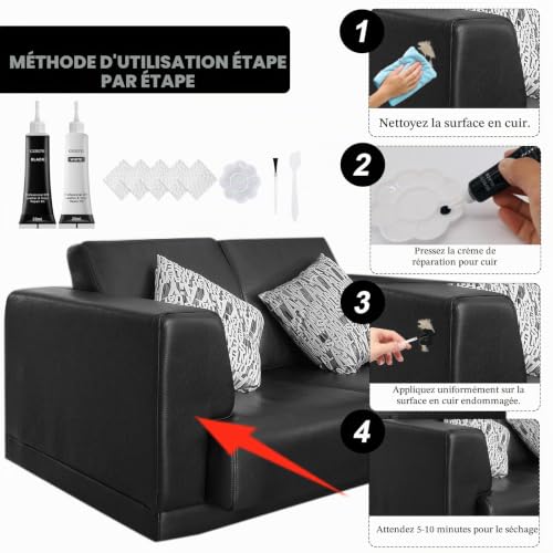 Pâte Réparatrice Cuir,Crème Réparatrice Cuir,2PCS Kit Réparation Cuir,Réparateur Cuir Voiture,Pate Reparatrice Cuir,Rénovation Cuir de Réparation pour Canapés,Veste en Cuir,Siège Auto ﻿ (Noir+Blanc) – vue 4