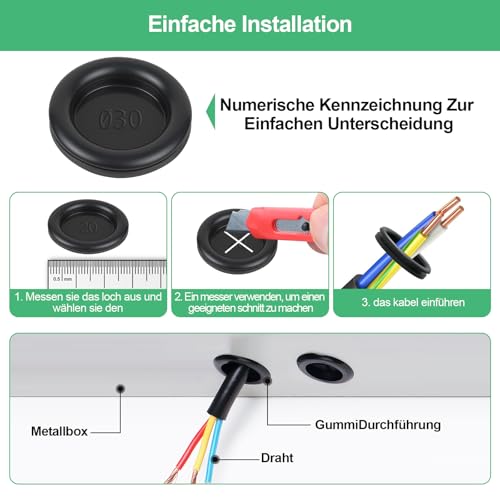 Sheryl&Rain 200 Stück Kabeldurchführung Gummi, 7 Größen Blindstopfen Gummitülle, Schwarz Gummistopfen Set, Wasserdicht Verschlussstopfen Gummi zum Schutz von Drähten, Kabel Stecker, Auto