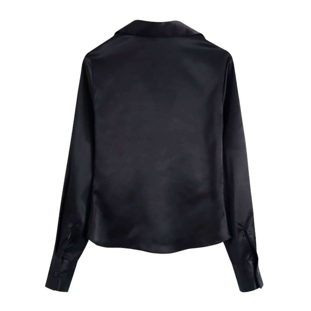 Camicia Uomo,Delle Donne Nero Solido Raso Di Seta Risvolto Bottone Volant Attillato Slim Fit Sexy Camicette Estive Tunica A Maniche Lunghe Elegante Casual Alla Moda Magliette E Camicette Camicia Da