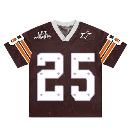 Oversized Jersey Shirts for Men Women Baggy Graphic Number Tops V Neck Y2k Streetwear Tshirt Summer Fashion Tees, Brown, S