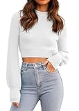 Womens Sexy Cropped Sweaters Pullover Long Sleeve Ribbed Knit Crop Jumper Tops White