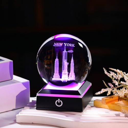 Image of 3D Crystal Ball New York City Snow Globe Statue of Liberty Souvenir Empire State Building Gifts for Women Men Adults with LED Base Night Light Decor Glass NYC Figurines Globe for Christmas