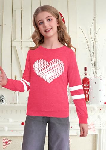 Image of LAZYCHILD Kids Valentine Shirt Girls Valentines Day Shirts Heart Graphic Long Sleeve Striped Tee Tops 5-14 Years