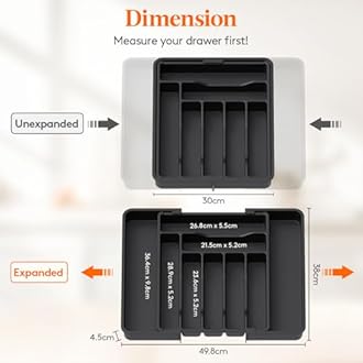 Lifewit Extendable Cutlery Drawer Organiser, Adjustable Cutlery Tray, Utensil Holder for Forks, Spoons, Knives, Plastic Kitchen Organiser and Storage, 9 Compartment, 30-50 x 38cm, Black