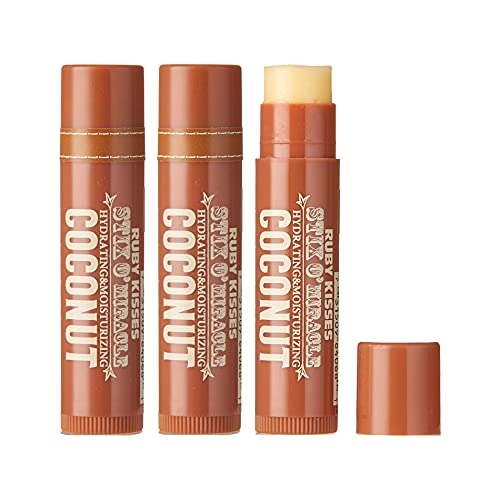 Ruby Kisses Stix O' Miracle Lip Balm, Maximum Hydration Lip Emollient (Coconut, 3 Count)