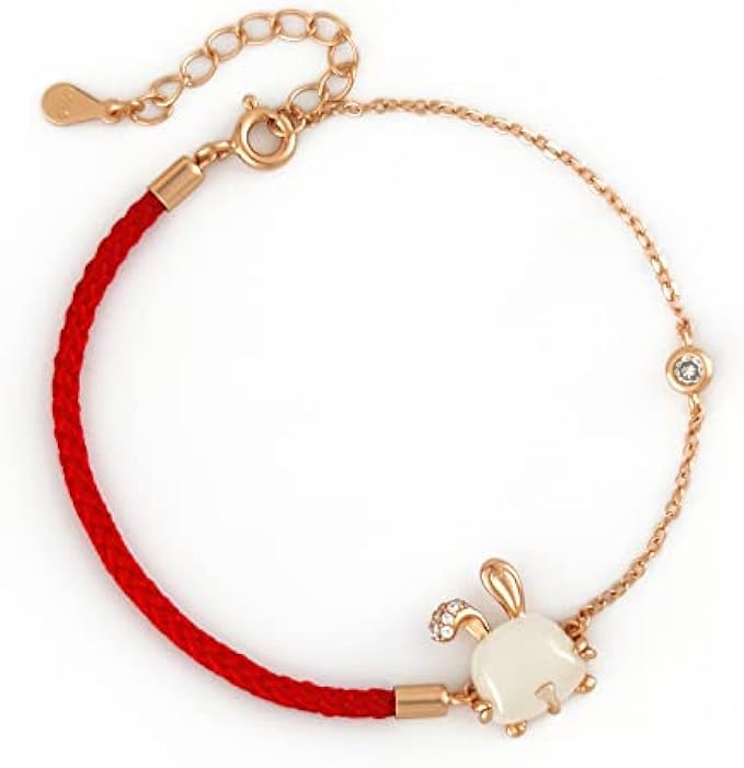TEMICO 925 Sterling Silver Hetian Jade Rabbit Bracelet for Women Adjustable Red String Rope Bracelets Chinese Lunar New Year Birthday Jewelry Gift