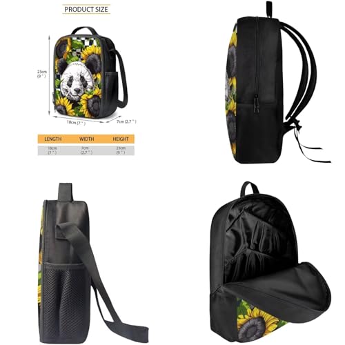 3 PCS Kids Backpack Set for Boys Girls, Panda Sunflower Kids School Backpack Set with Insulated Kids Lunch Bag Cute Pencil Case for Kids, Back to School Supplies, Yellow and Black4