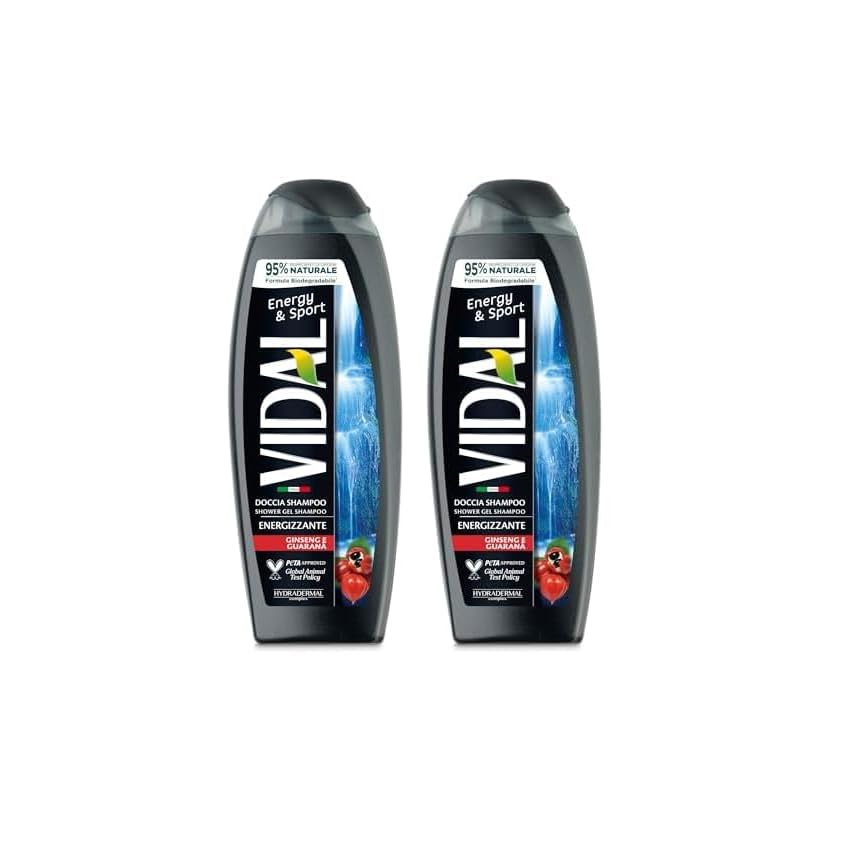 Vidal - Docciaschiuma Energy & Sport, Formula Energizzante, con estratti di Ginseng e Guaranà, Dermatologicamente Testato, 250ml (Confezione da 2)